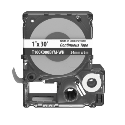 [T100X000BYM-WH] Casete MP, Cinta Continua, Pol., 1 W x 30 L, Blanco/Negro