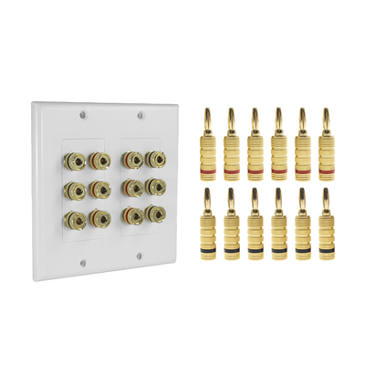 [EP-WP6S-KIT] KIT 1 Placa de Pared + 6 Pares Conectores Banana (Rojo+Negro) | Postes de Unión Tipo Banana | Conexión para 6 Altavoces | Fácil Instalación | Conectores Chapados en Oro
