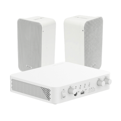 Kit de amplificador con bluetooth | 2 altavoces para pared | Sistema 100V | 2 Canales con Control de volumen Independiente | Música Ambiental