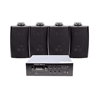 KIT de Amplificador de 240W para Escritorio | 4 Altavoces de Pared color Negro 2.5W - 20W | Sistema 70/100V