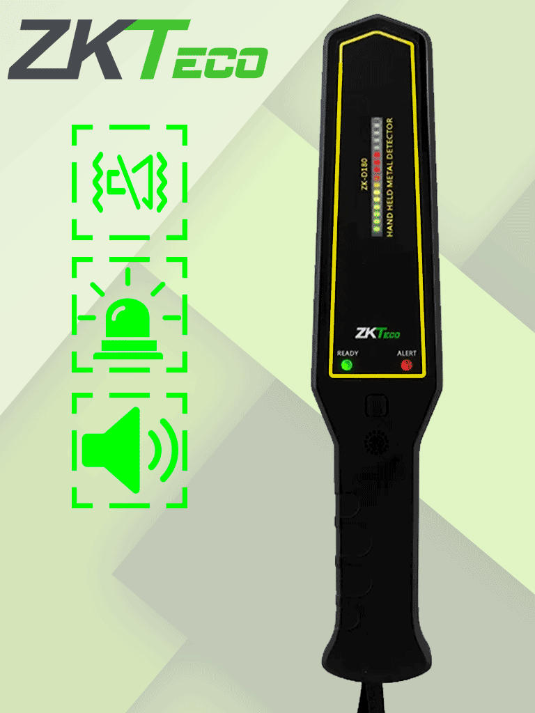 ZKTECO D180 - Detector de metales portátil con alta sensibilidad, indicador visual, alarmas sonora y vibración. Su batería recargable de 9VDC proporciona hasta 40 horas de uso continuo, ideal para aplicaciones de seguridad eficientes y prolongadas.