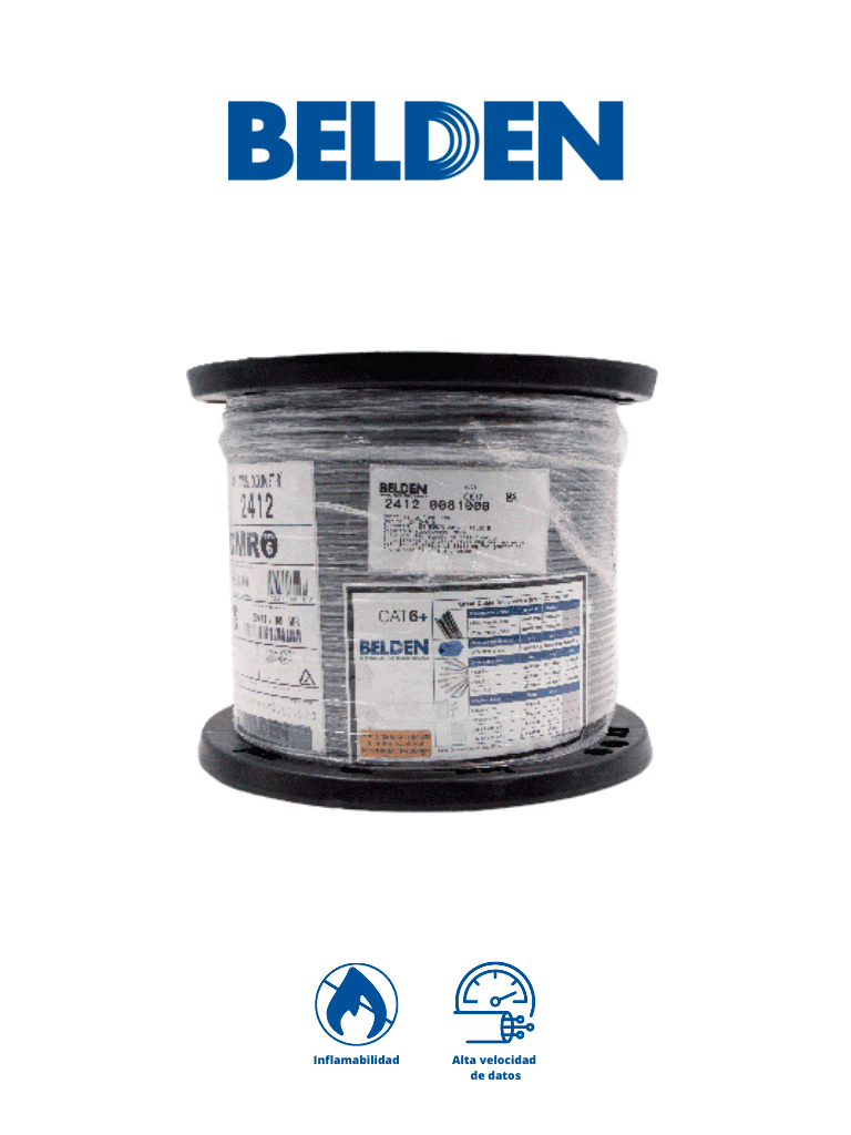 [24120081000] BELDEN 24120081000 - Cable UTP 100% cobre / Categoria 6+ / IBDN / GIGAFLEX 2412 CMR / Color gris / Bobina de 305  Mts