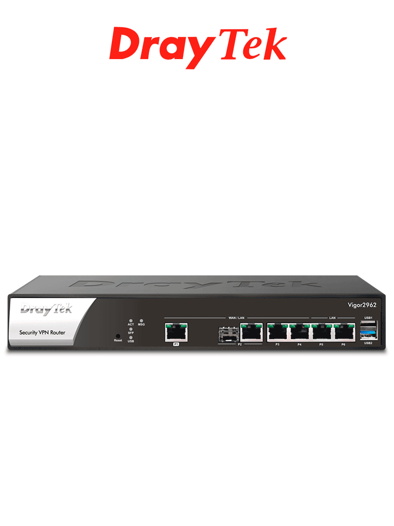 [VIGOR2962] DrayTek VIGOR2962- Ruteador Multi-WAN Balanceador para PyMEs, hasta 200 túneles VPN, 1 puerto WAN 2.5GB, 1 combo SFP & RJ45 WAN, 2 puertos LAN & WAN GE, 2 LAN RJ45 GE, con filtrado web