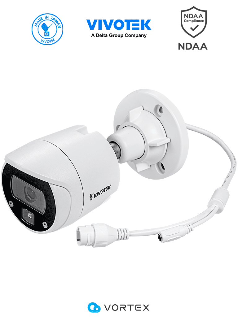 VIVOTEK IB639(1YL) - Cámara IP VORTEX Essential Series bullet exterior 2 MP, Lente fijo 2.8mm, IR 30m, WDR digital, IP66, IK10, NDAA, Almacenamiento 128GB, Analiticas IA: Intrusión, Cruce de Linea, Merodeo, Busqueda de Escena, Objeto Perdido/Abandonado