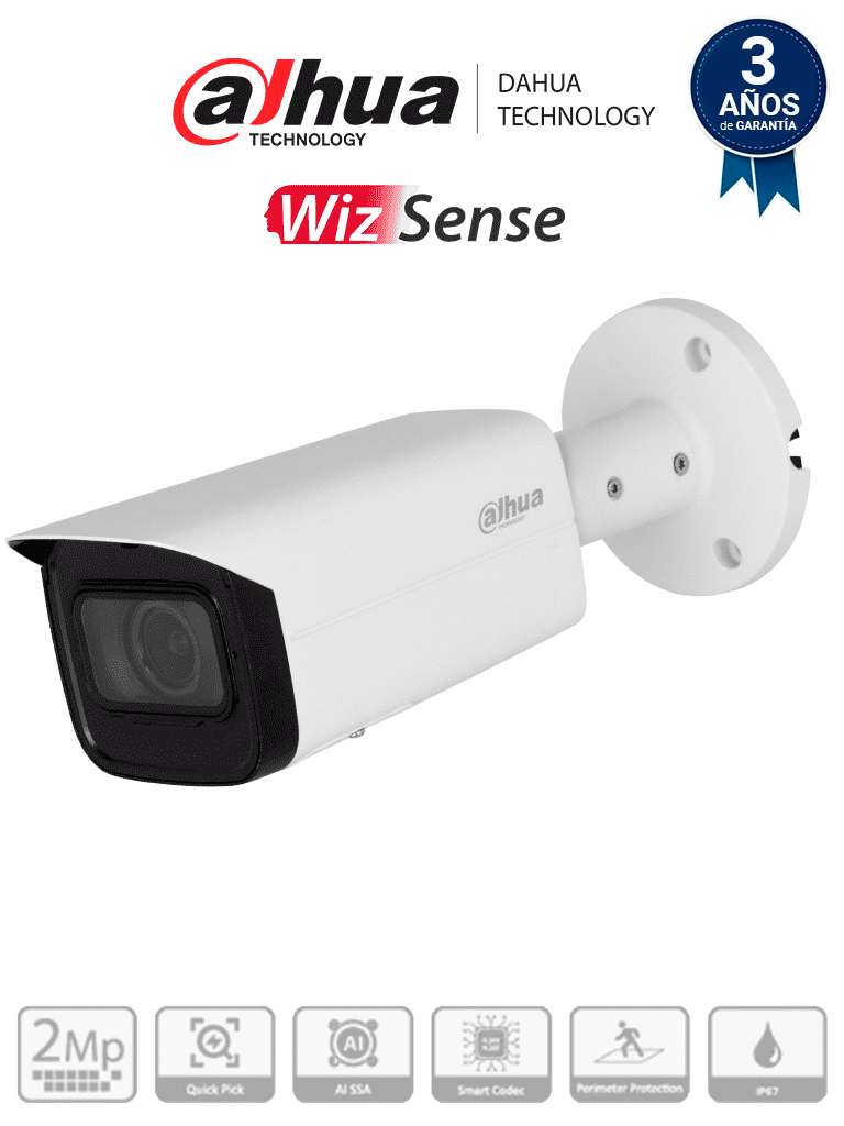 [DH-IPC-HFW3241T-ZAS-S2] DAHUA IPC-HFW3241T-ZAS-S2 - Cámara IP Bullet de 2MP/WizSense/Lente Motorizado de 2.7 a 13 mm/ IR de 60 Metros/ Micrófono Integrado/ IA/ SMD 4.0/ AI SSA/ QuickPick/ E&S de Alarma y Audio/ IP67/ PoE/Ranura para Micro SD