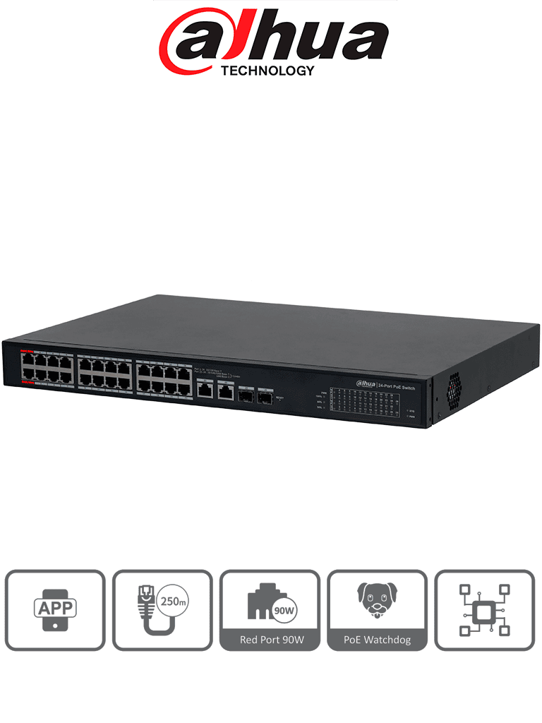 DAHUA DH-S4101-24ET2GF-360-C - Switch Administable en la Nube de 26 puertos/24 puertos PoE Hasta 360 Watts/Hasta 250 mts de Conexión/PoE watchdog /10/100 Mbps/Poe 2.0/ 8.8 Gbps/2 Ptos Hasta 90W de Suministro PoE/Administrable Cloud por Dolink Care
