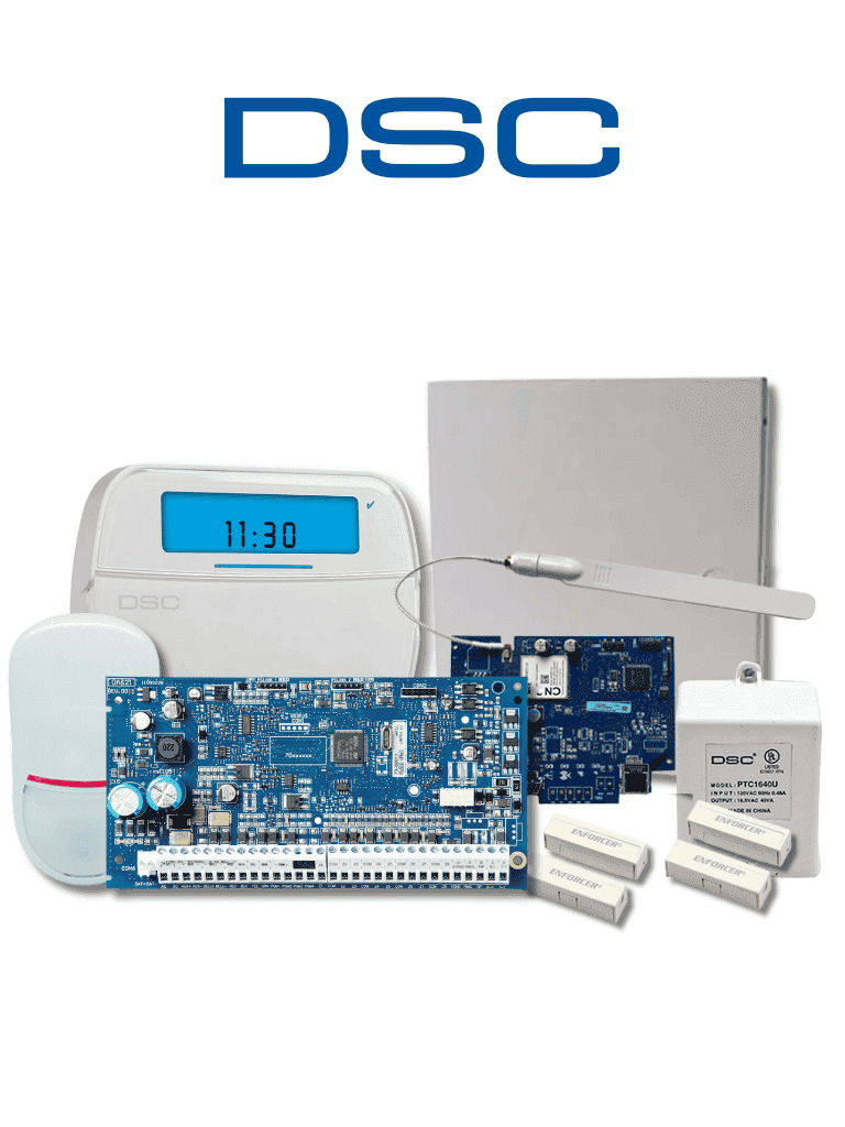 DSC NEO-ICON-IPLTE-SB - Paquete SERIE NEO con panel HS2032 de 8 zonas cableadas expandible a 32/Teclado de Iconos HS2ICN /Sensor PIR LC200 Cableado/2 contactos blancos cableados/Transformador/Gabinete GTVCMX003/Comunicador Dual TL280LE/Sin Batería