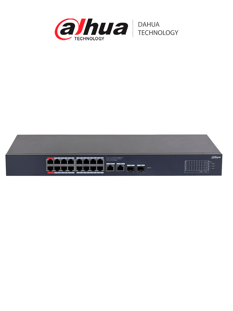 [DH-CS4220-16GT-190] DAHUA DH-CS4220-16GT-190 Switch Poe de 16 Puertos Gigabit con PoE inteligente, puerto rojo de 90W, 190W totales, 2 puertos SFP, PoE Watchdog, switching de 40 Gbps y protección avanzada contra descargas. Plataforma DoLynk Care/
