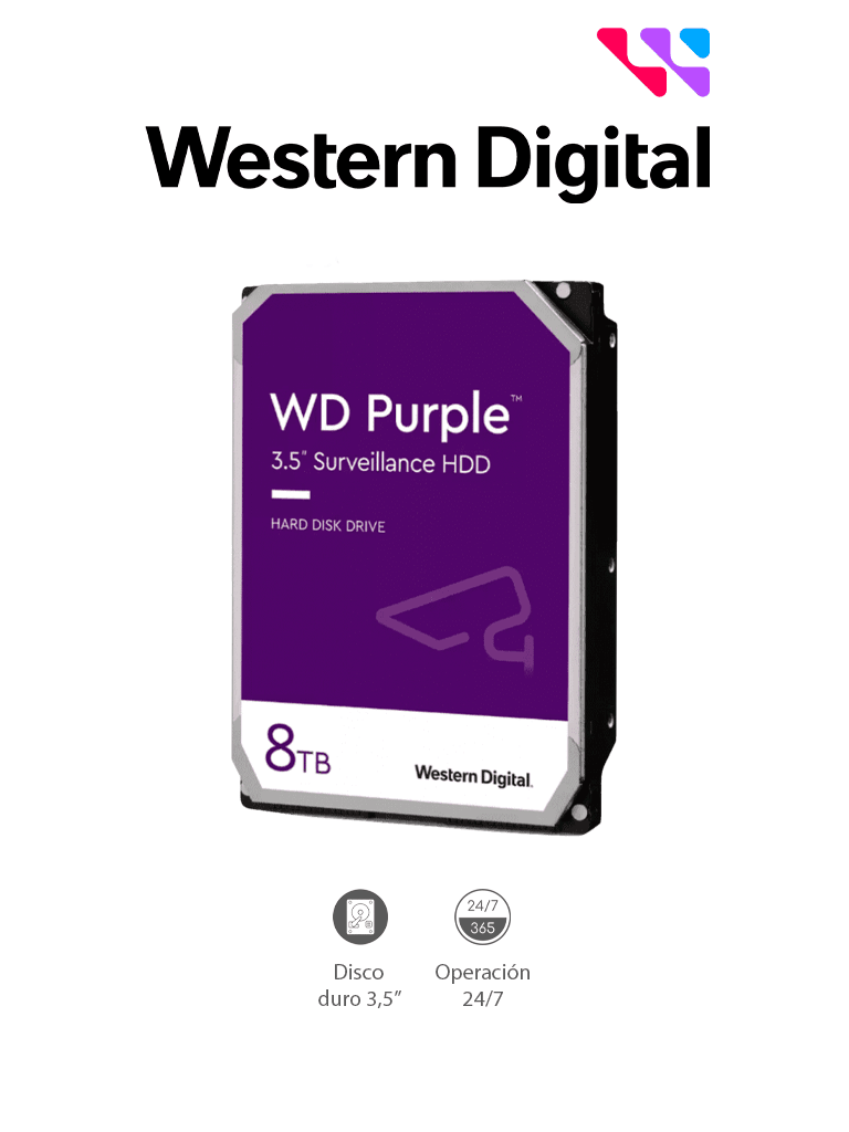 WESTERN DIGITAL WD85PURZ - Disco Duro de 8TB Purple/ Especial para Videovigilancia/ Trabajo 24/7/ Interface: Sata 6 Gb/s/ Hasta 64 Cámaras/ Hasta 16 Bahías de Discos Duros