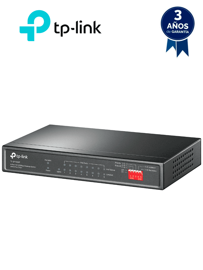 [TL-SF1009P] TP-LINK TL-SF1009P - Switch PoE no administrable con 9 puertos Fast Ethernet, incluidos 8 puertos PoE AF y AT. Ofrece un presupuesto PoE de hasta 65W y soporta modo extendido para conexiones de hasta 250 metros.