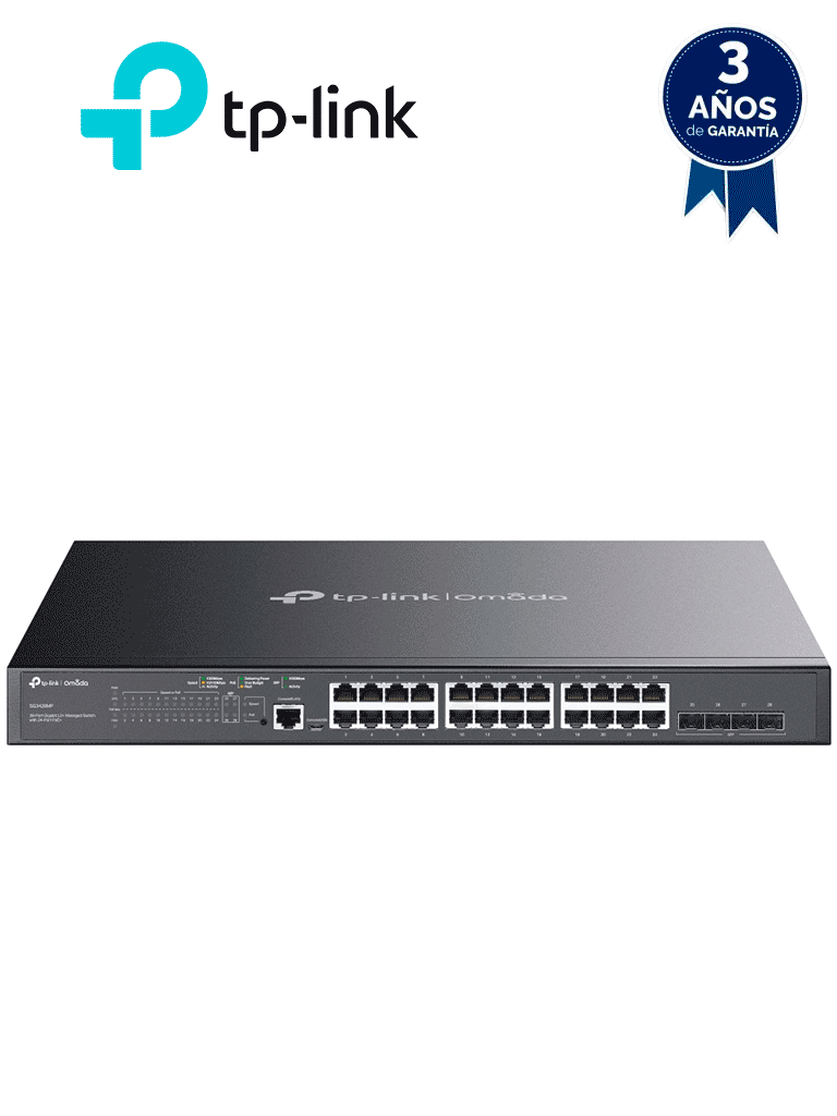 [SG3428MP] TP-LINK SG3428MP -  Switch L2+ Omada PoE+ con 24 puertos PoE+ 10/100/1000 Mbps, 4 puertos SFP 1G, consola RJ45 y microUSB, además gestión centralizada Omada o Stand-Alone, con soporte Multicast IGMP, QoS y presupuesto PoE 384W.