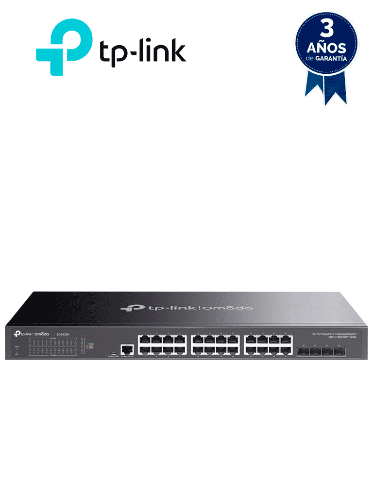 [SG3428X] TP-LINK TL-SG3428X - Switch Omada SDN administrable con 24 puertos Gigabit y 4 puertos SFP+, incluye funciones sFlow, QinQ y QoS, compatible con administración centralizada OMADA.