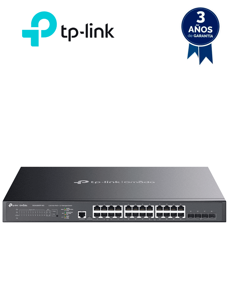 [SG3428XMP] TP-LINK TL-SG3428XMP - Switch L2+ Omada PoE+ con 24 puertos PoE+ 10/100/1000 Mbps, 4 puertos SFP+ 10G y consola RJ45/microUSB, además gestión centralizada Omada/Stand-Alone, soporte Multicast IGMP, QoS y presupuesto PoE 384W, versión 3.0