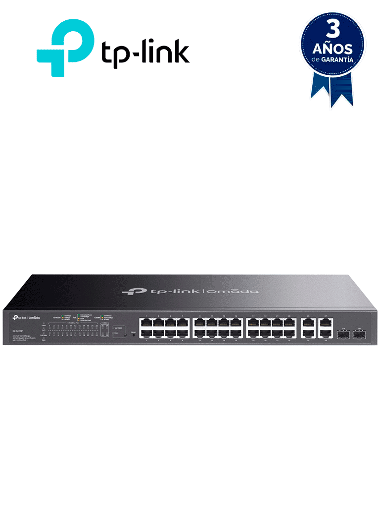 [SL2428P] TP-LINK SL2428P - Switch PoE+ JetStream SDN administrable con 24 puertos 10/100 Mbps, 2 puertos 10/100/1000 Mbps (Uplink), 2 puertos SFP (combo 2 RJ45 10/100/1000 Mbps), capacidad de 250W y administración centralizada OMADA SDN.