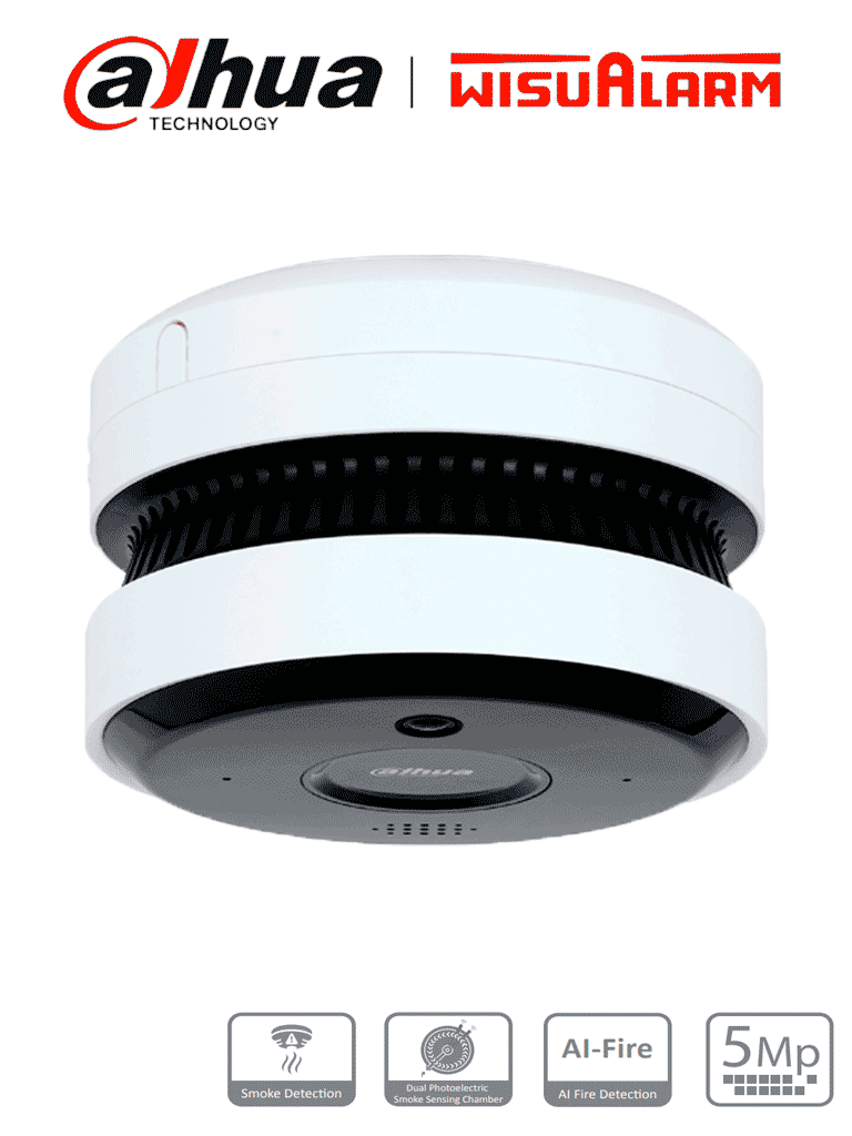 [DHI-HY-SAV849HAN-E] DAHUA WISUALARM DHI-HY-SAV849HA-E -Cámara IP 5MP con IA para Detección de Incendio, Detector Fotoelectrico, Buzzer de 85 dB, WDR Real, Flip, E&S de Alarma, IR de 20 Metros, PoE, Micrófono y altavoz, Ranura MicroSD
