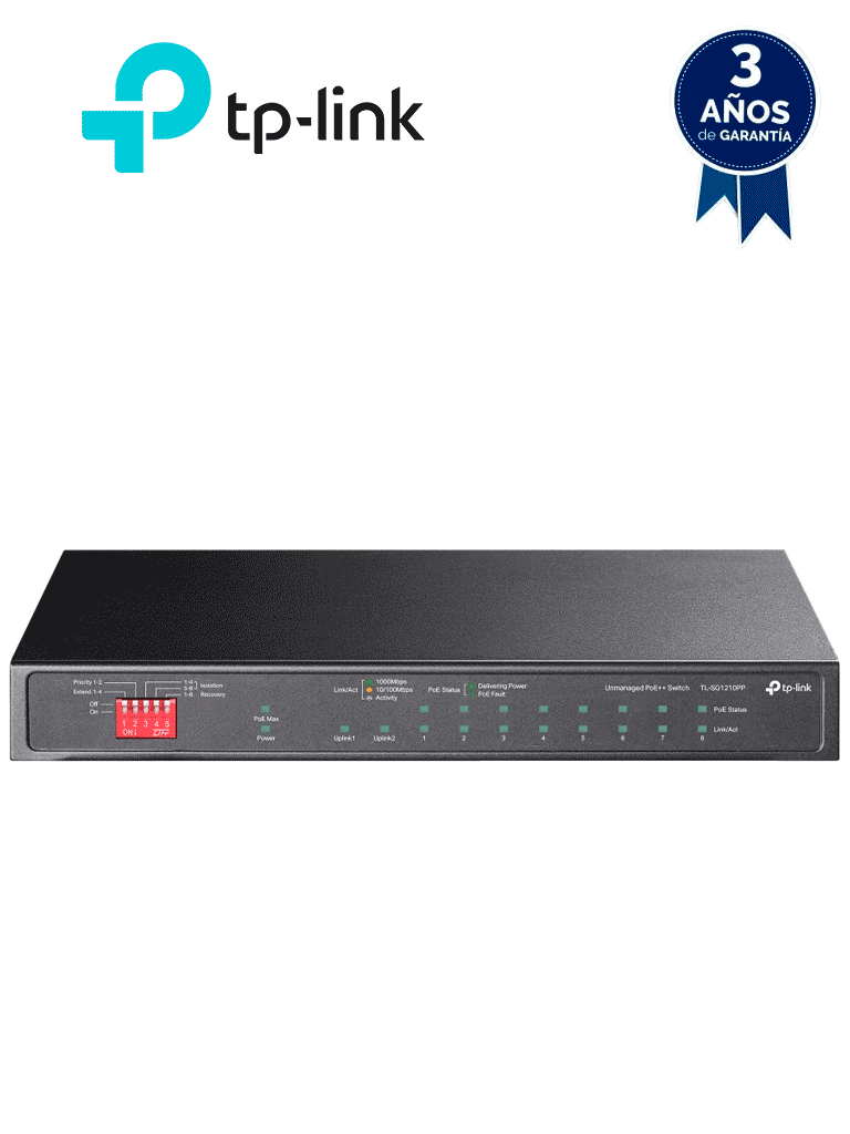 [TL-SG1210PP] TP-LINK TL-SG1210PP - Switch de escritorio POE de 10 puertos Gigabit , 6 puertos POE+ , 2 puertos POE++ , 1 Puerto combo SFP/RJ45 , IEEE 802.3af/at/bt , 30W POE+ , 60W POE++ , 123W Totales, Modo extendido de 250Mts de distancia.