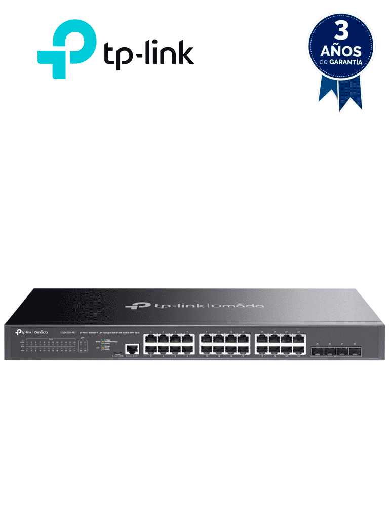 [SG3428X-M2] TP-LINK TL-SG3428X-M2 - Switch administable con funciones L2+ OMADA, con 24 puertos RJ45 de 2.5GbE , 4 puertos SFP+ 10G , Gestión en la nube con OMADA , DHCP Snooping, 802.1X, Autenticación Radius , ACL , QoS L2/L3/L4 y IGMP Snooping.