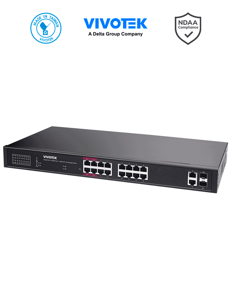 [AW-GEL-205A-260] VIVOTEK AW-GEL-205A-260 - Switch PoE 20 puertos Administrable Lite, 16 puertos GE 30W PoE, 4 puertos GE 90W PoE, 2 puertos GE UTP, 2 puertos GE SFP lite, 40 Gbps, 260W totales, PoE Extendido 250 Mts, NDAA