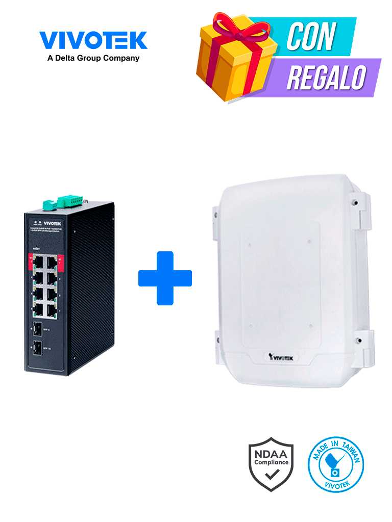 VIVOTEK AWIHB1040EXT - Kit Switch PoE AW-IHB-1040 y Gabinete AT-CAB-001, 8 ptos Administrable, 2 ptos PoE GbE 90W, 6 ptos GbE 30W, 2 ptos GbE SFP, 300W Totales, PoE Extendido 250 mts,VLAN, Alimentacion 48-56VDC (fuente no incluida), IP66, IK10