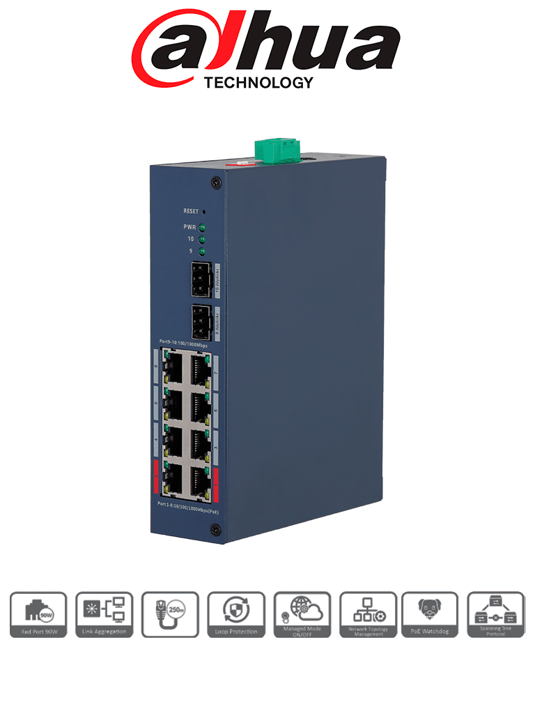 [DH-CHS4210-8GT-110] DAHUA DH-CHS4210-8GT-110 - Switch PoE Gigabit/ 8 Puertos PoE GE/ 2 Puertos Uplink SFP/ 1 Puertos Uplink RJ45 GE/ 120 Watts Totales/ 2 Ptos Hasta 90W/ Administrable en la Nube por Dolink Care/ Switching 33 Gbps