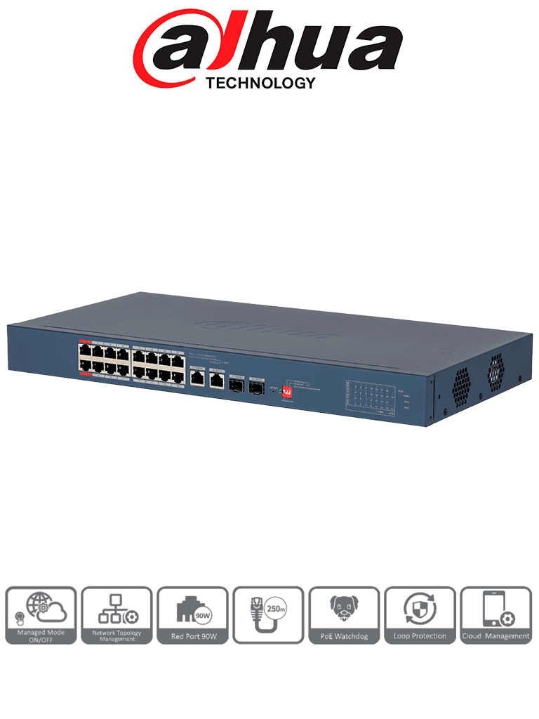 [DH-CS4218-16ET-240] DAHUA DH-CS4218-16ET-240-V2 - Switch  PoE Administrable de 18 Puertos / 16 Puertos PoE/ 240 Watts Totales/ Interfaz Web/ Puerto 1 y 2 Soportan 90 Watts/ 2 Puertos SFP/2 Puertos Uplink/Administrable Cloud Dolink Care/PoE Watchdog/ Switching 8.8 Gbps