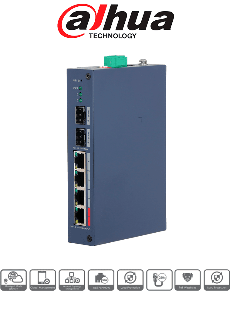 [DH-CHS4206-4ET-90] DAHUA DH-CHS4206-4ET-90 - Switch PoE de 6 Puertos Semi Industrial/ 4 Ptos Downlink PoE/ 2 Ptos Uplink SFP Gigabit/ Hasta 120W Totales/ 802.3AF & AT/ 1 Pto Hasta 90W/ Administrable Cloud Vía Dolink Care