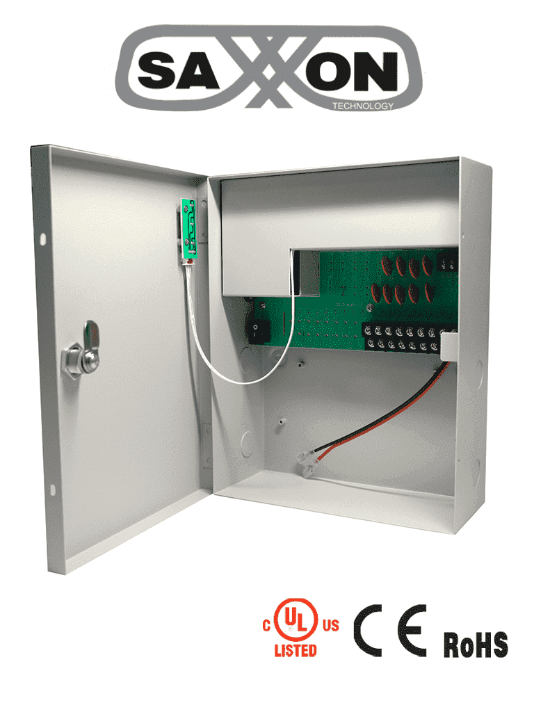 [PSU1210-D9B] SAXXON PSU1210D9B - Fuente de Poder de 12 vcd/ 10 Amperes/ Para 9 Camaras/ Compatible con Bateria de Respaldo/ 1.1 Amper por Canal/ Protección contra Sobrecargas/ Certificación UL/