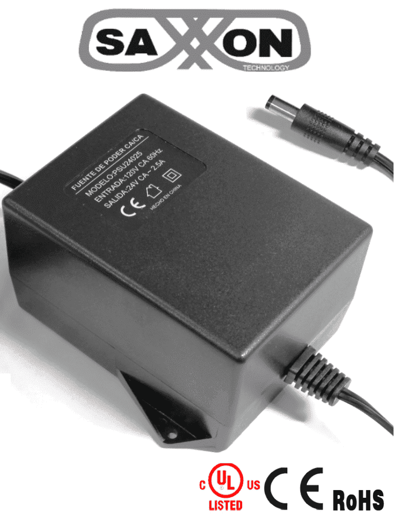 [PSU24025] SAXXON PSU24025 - Fuente de Poder de 24 Vca a 2.5 Amperes/ Cable de 2.5 Metros/ Entrada 110 Vca/ Protección contra Sobre Cargas/