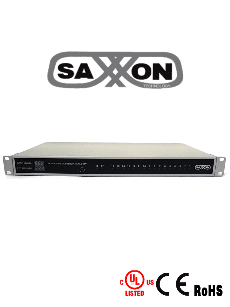 [PSU1220-D18US] SAXXON PSU1220D18US - Fuente de Poder Profesional Regulada de 18 Canales/ Montaje en Rack/ Salida ajustable de 12 VDC a 13.8 VDC/ 20 Ampers/ Certificación UL/ Protección contra Descargas/