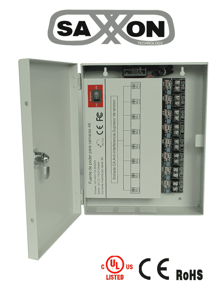 [PSU1213-D8H] SAXXON PSU1213D8H- Fuente de Poder Profesional de 11 a 15 vcd/ 13 Amperes/ Para 8 Camaras Hasta 4k/ 1.6 Amperes por Canal/  Protección contra Sobrecargas/ Filtro de Ruido por Canal/ Uso rudo/