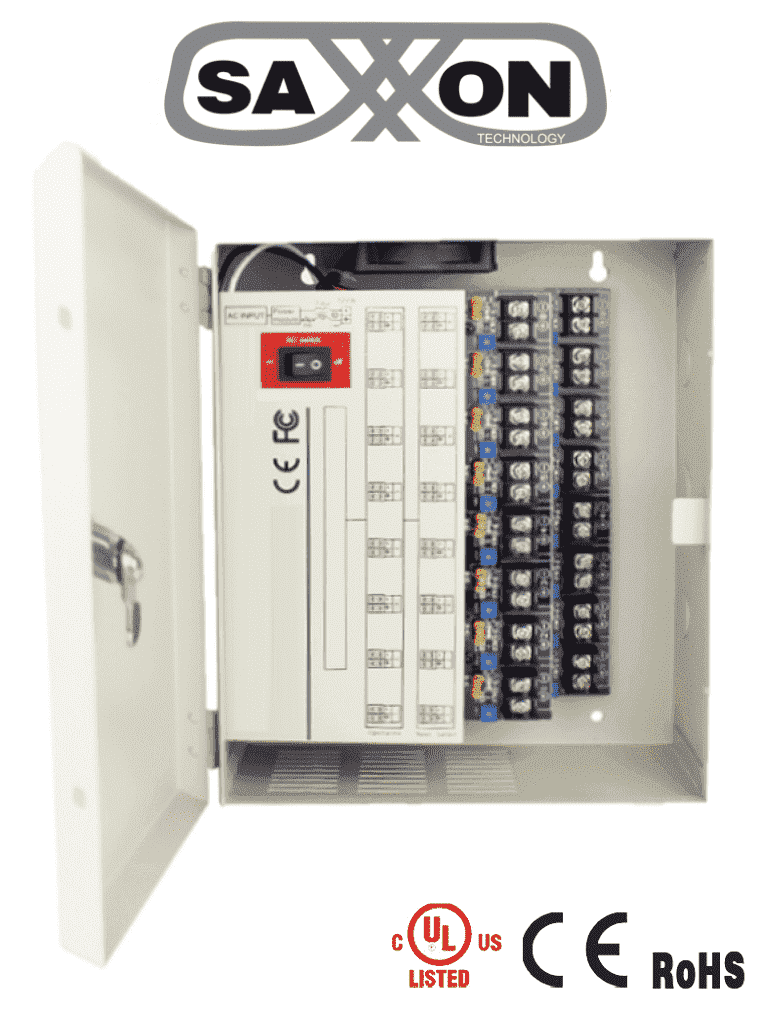 [PSU1220-D16H] SAXXON PSU1220D16H- Fuente de Poder Profesional de 11 a 15 vcd/ 20 Amperes/ Para 16 Camaras Hasta 4k/ 1.25 Amperes por Canal/ Protección contra Sobrecargas/ Filtro de Ruido por Canal/ Uso rudo/