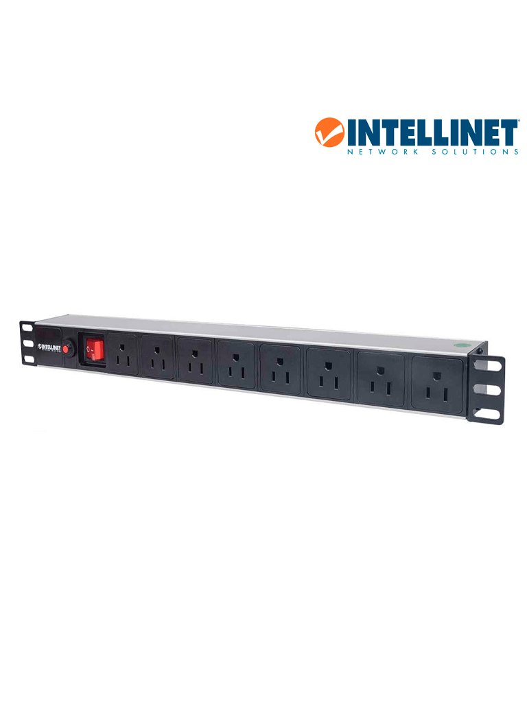[713993] INTELLINET 713993- Barra PDU, 8 contactos, para gabinetes/racks de 19", 1U, con protección contra sobrecarga y botón On/Off.