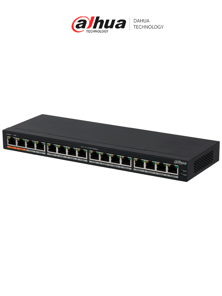 [DH-PFS3016-16GT-190] DAHUA DH-PFS3016-16GT-190 - Switch Gigabit PoE de 16 Puertos/ 190 Watts Totales/ Los 2 Puertos Naranjas Soportan Hi-PoE Estandar/ Switching 32 Gbps/ Tasa de Reenvio de paquetes 23.808 Mbps/ Protección Contra Descargas/