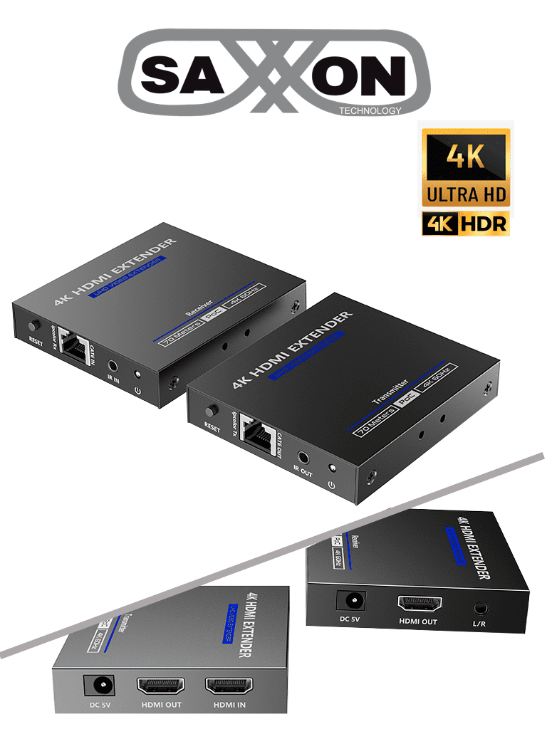 [LKV565P] SAXXON LKV565P- Kit extensor HDMI de 2 Puertos/ Hasta 70 metros Con Cable CAT6/ 6A/ 7/ Resolución 4K @ 60Hz/ Transmisor IR/ Plug and play/ Soporta HDR/ Cero Latencia