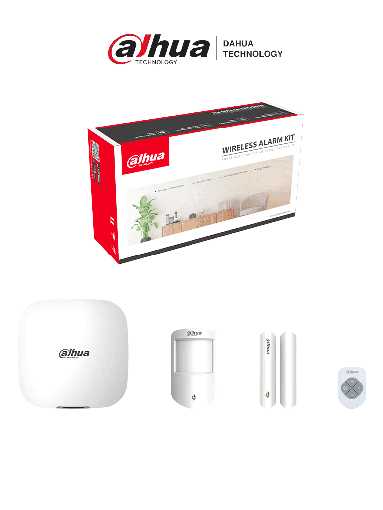 [DHI-ART-ARC3000H-03-W2] DAHUA DHI-ART-ARC3000H-03-W2 - Kit de alarma inalámbrico, Conexión: Wifi y ethernet, Incluye: HUB 1.0, sensor de movimiento PIR, contacto magnético y control remoto, App DMSS, Frecuencia 433 MHz, Tecnología: AirShield
