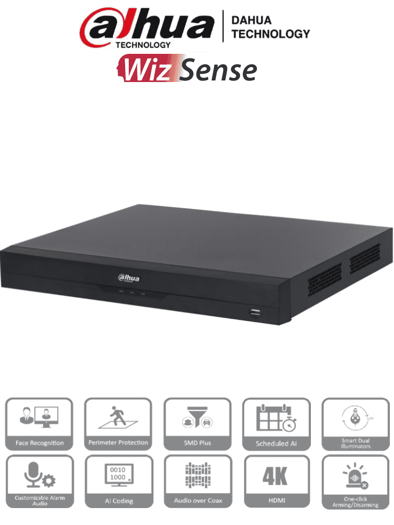 [DH-XVR5232AN-4KL-I3] DAHUA XVR5232AN-4KL-I3 - DVR de 32 Canales 4k/ 8 Megapixeles/ WizSense/ Con IA/ 6 Canales de Reconocimiento Facial/ H.265+/ Hasta 32 Canales IP/ Codificación IA/ SMD Plus/ 2 Bahías de Discos Duros/ Funciones IoT&POS