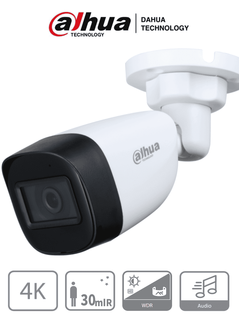 [DH-HAC-HFW1801CN-A] DAHUA HAC-HFW1801CN-A-0280B-S2 - Cámara Bullet 4k con Micrófono Integrado/ 8 Megapixeles/ Lente de 2.8 mm/ 106 Grados de Apertura/ 30 Metros de IR/ WDR Real de 120 dB/ Soporta: CVI/TVI/AHD/CVBS/