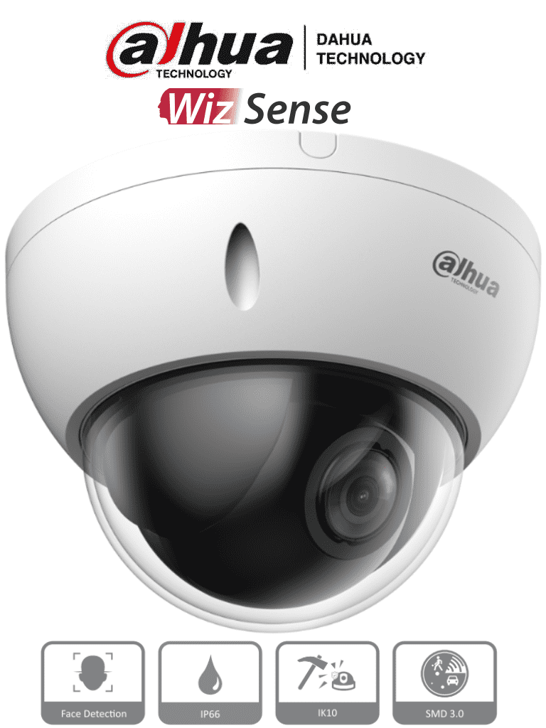 [DH-SD22204DB-GNY] DAHUA SD22204DB-GNY - Cámara IP PTZ de 2 MP / WizSense/ 4x de Zoom óptico/ Starlight / Detección facial/ SMD 3.0/ Antivandálica IK10/ Exterior IP66/  Protección perimetral / Ranura para MicroSD/ PoE/