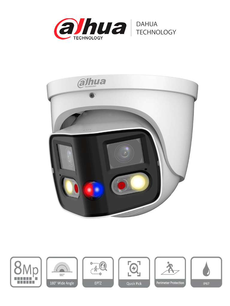 [DH-IPC-PDW3849-A180-AS-PV] DAHUA IPC-PDW3849-A180-AS-PV Cámara IP WizSense Eyeball con multivisión en dos sensores de 4MP, ofreciendo un ángulo de 180°. Con IR de 25 m, LED de 20 m, disuasión activa, ePTZ, micrófono, altavoz, y protección IP67.