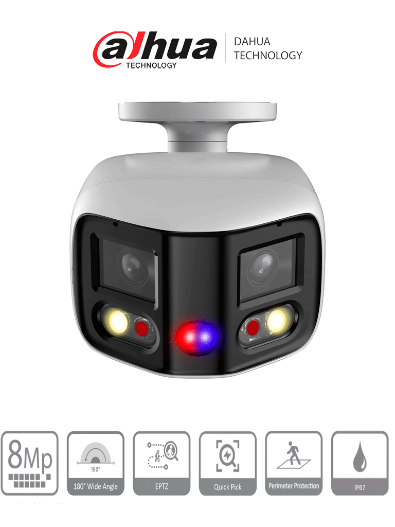 [DH-IPC-PFW3849S-A180-AS-PV] DAHUA IPC-PFW3849S-A180-AS-PV Cámara IP Bullet WizSense 2x4MP con visión de 180°, MultiVision, LED IR 25m y luz cálida 20m. Disuasión activa con micrófono dual y altavoz integrado, EPTZ, SMD 4.0, PoE, IP67, y ranura MicroSD. Ideal para seguridad avanzada.