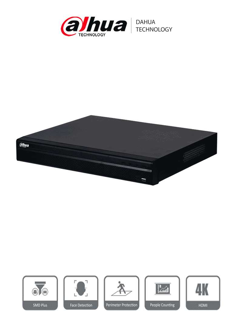 [DHI-NVR4232-4KS3] DAHUA DHI-NVR4232-4KS3 NVR De 32 canales IP, 8 MP/4K, 160 Mbps, Smart H.265+, 2 Bahías para HDD de 20 TB cada uno, HDMI & VGA, soporta cámaras WizSense y 2 canales SMD Plus.