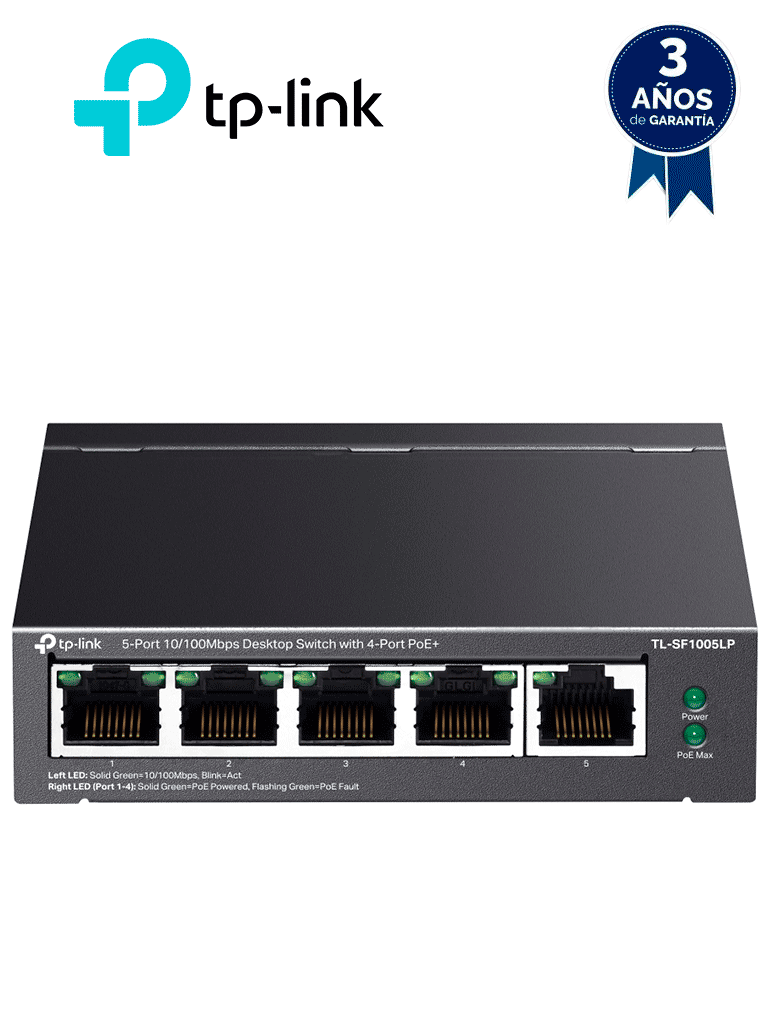 [TL-SF1005LP] TP-LINK TL-SF1005LP -  Switch PoE no administrable con 5 puertos Fast Ethernet, incluyendo 4 puertos PoE AF. Presupuesto PoE de hasta 41W y modo extendido para conexiones de hasta 250m.