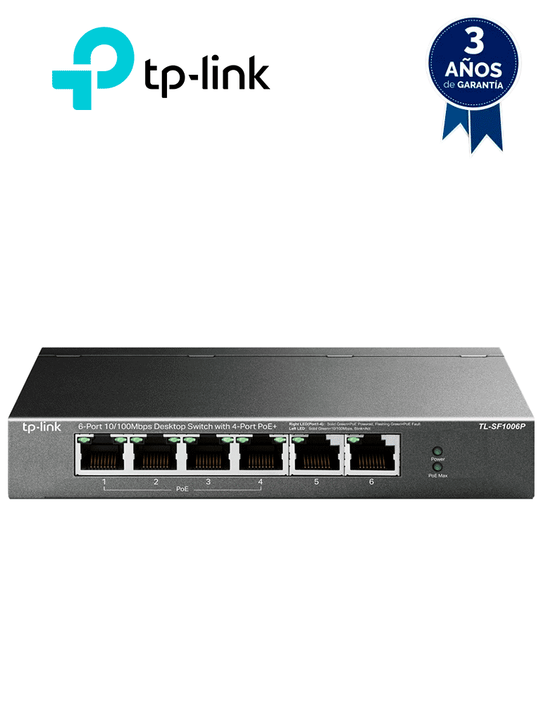 [TL-SF1006P] TP-LINK TL-SF1006P -  Switch PoE no administrable con 6 puertos Fast Ethernet, incluyendo 4 puertos PoE AF y AT. Suministro PoE hasta 67W y modo extendido para conexiones de hasta 250m.