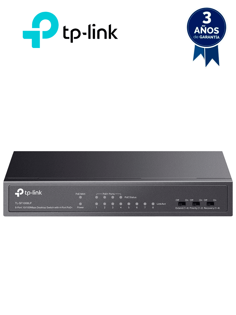[TL-SF1008LP] TP-LINK TL-SF1008LP - Switch PoE no administrable con 8 puertos Fast Ethernet, incluidos 4 puertos PoE AF. Ofrece un presupuesto PoE de hasta 41W y soporta modo extendido para conexiones de hasta 250m.