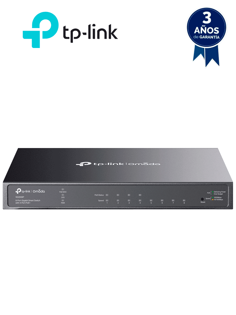 [SG2008P] TP-LINK SG2008P - Switch administrable JetStream SDN PoE con 8 puertos 10/100/1000 Mbps, incluyendo 4 puertos PoE con un presupuesto total de 62W. Ofrece administración centralizada a través de OMADA SDN.