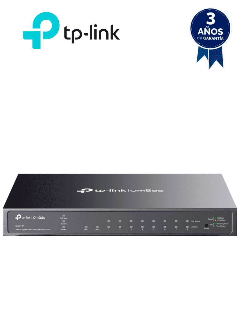 [SG2210P] TP-LINK TL-SG2210P - Switch PoE JetStream SDN administrable con 8 puertos 10/100/1000 Mbps y 2 puertos SFP, además de 8 puertos PoE con un presupuesto total de 61W. Ofrece administración centralizada a través de OMADA SDN.