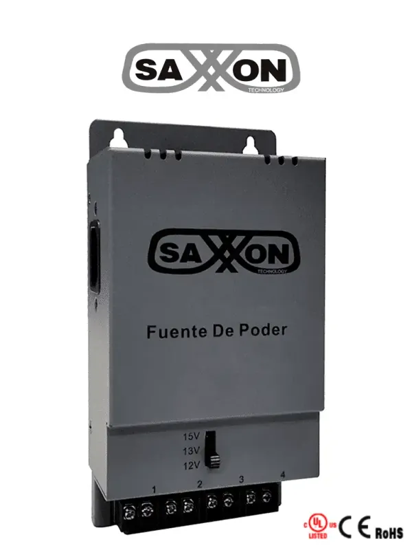 [PSU1205A] SAXXON ENERGIA PSU1205A - Fuente de poder Regulable Metálica/ Conexión de Hasta 4 Canales/ Voltaje de Ajuste 12V 13V o 15V cc/ Salida de Hasta 5 Amp en los 4 Canales/ Instalación en Pared