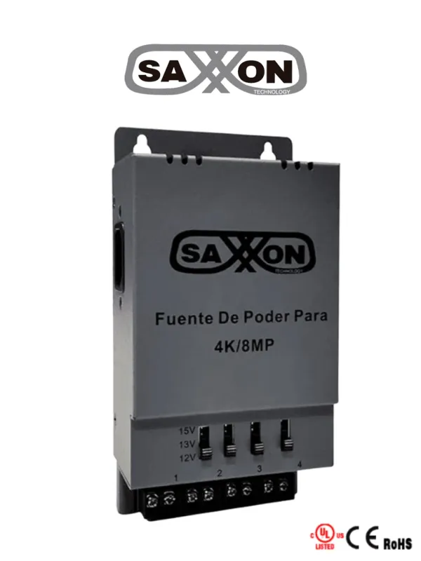 [PSU1205A-4K] SAXXON ENERGIA PSU1205A-4K - Fuente de poder Regulable Metálica/ Conexión de Hasta 4 Canales/ Voltaje de Ajuste 12V 13V o 15V cc/ Salida de Hasta 5 Amp en los 4 Canales/ Instalación en Pared