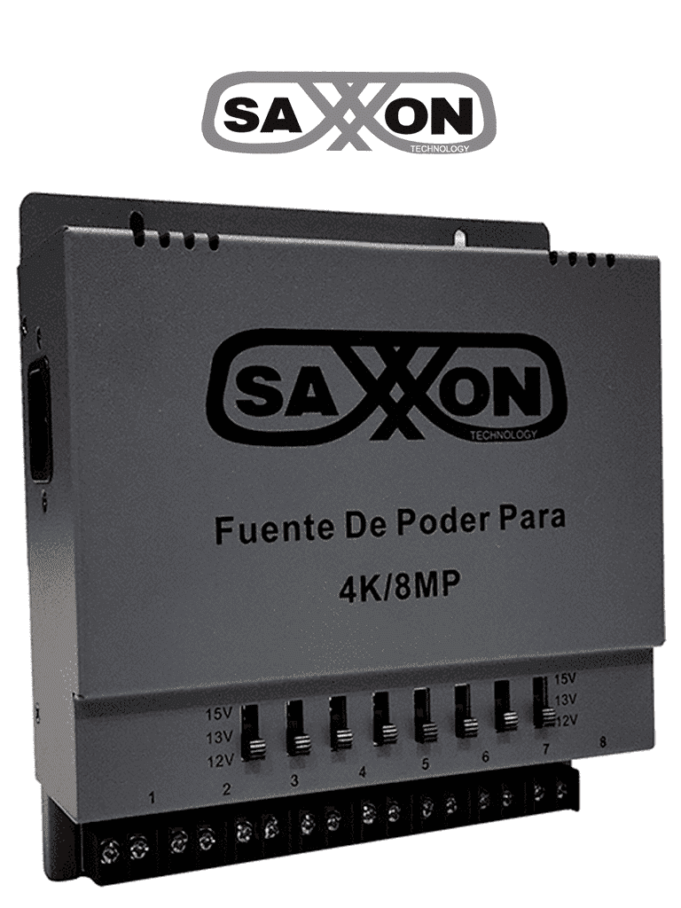 [PSU1208A-4K] SAXXON ENERGIA PSU1208A-4K - Fuente de poder Regulable Metálica/ Conexión de Hasta 8 Canales/ Voltaje de Ajuste 12V 13V o 15V cc/ Salida de Hasta 8 Amp en los 8 Canales Máximo 1 Amp por canal/ Instalación en Pared