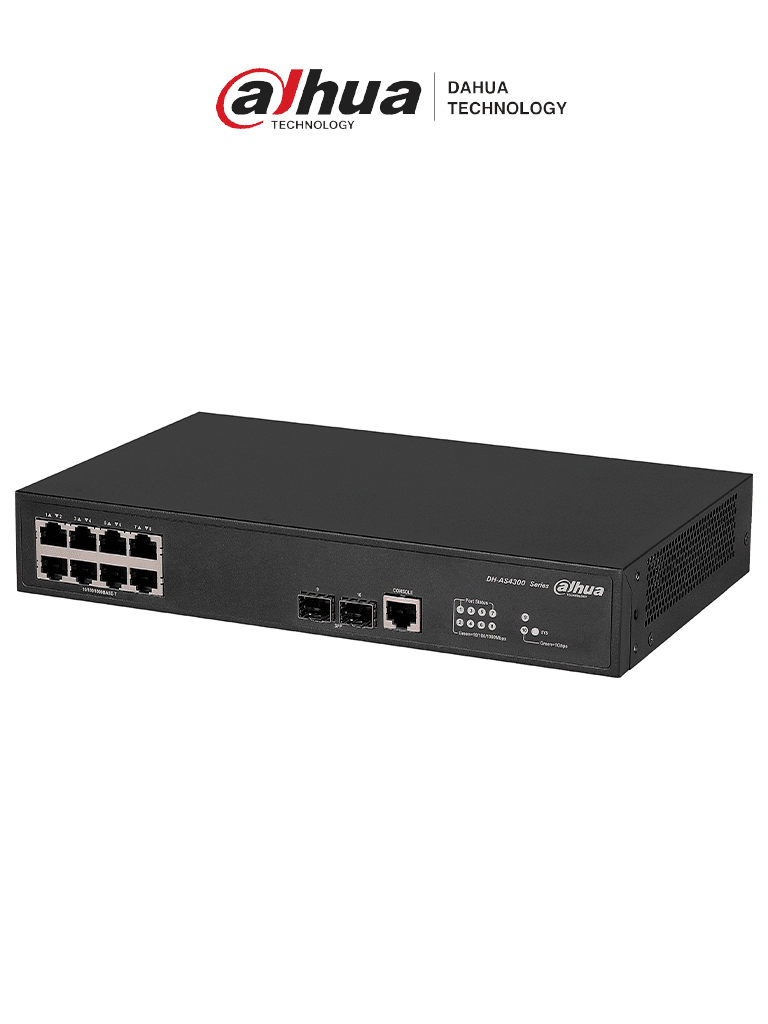 [DH-AS4300-8GT2GF] DAHUA DH-AS4300-8GT2GF- Switch Gigabit administrable de capa 2 con 8 puertos10/100/1000 Base-T y2 ranuras SFP d 1Gbps. Ofrece una capacidad de switching de 20Gbps y viene con una robusta carcasa metálica, ideal para redes de alto rendimiento